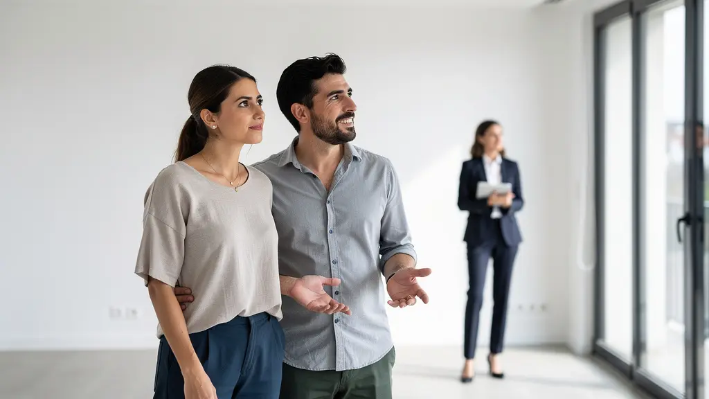 Couple visitant un appartement vide accompagné d'un agent immobilier