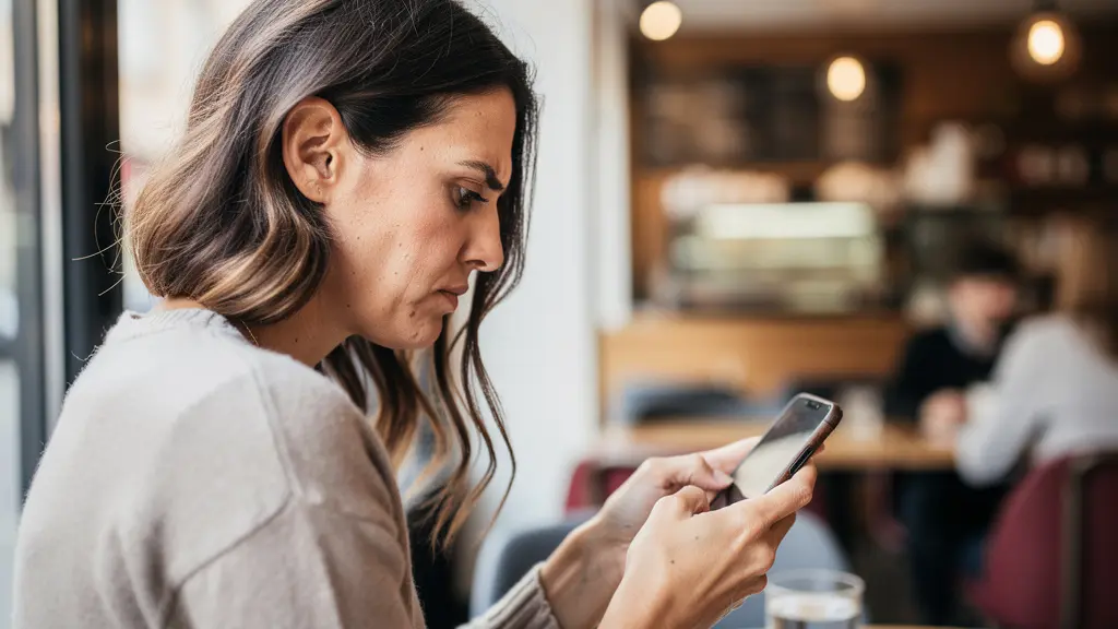Femme trentenaire regardant son smartphone avec une expression perplexe après simulation de prêt