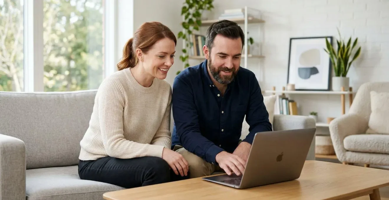 Couple trentenaire consultant une simulation de prêt immobilier dans leur salon
