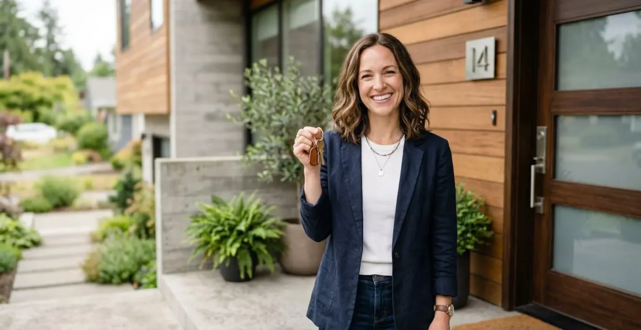 Jeune femme souriante tenant des clés devant sa nouvelle maison