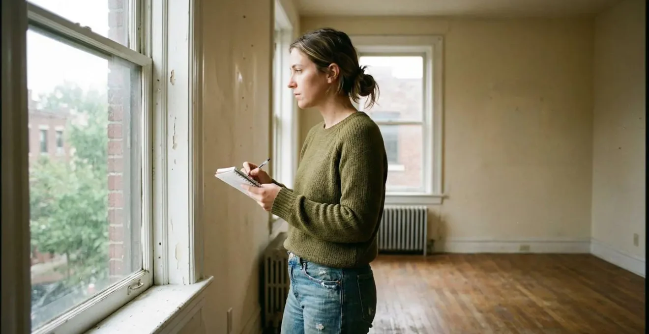 Personne debout dans un appartement vide tenant un carnet de notes, inspectant une fenêtre dans une lumière naturelle