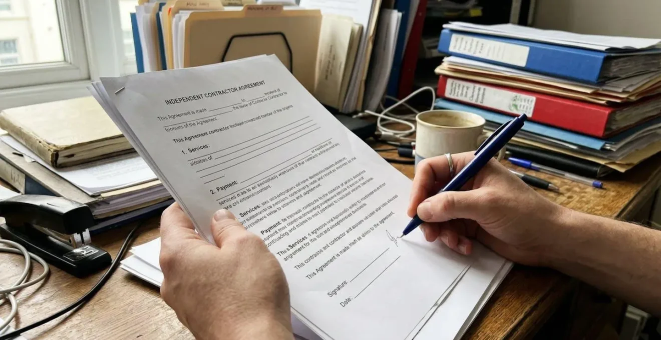 Mains tenant un document contractuel avec un stylo, sur un bureau légèrement encombré de dossiers