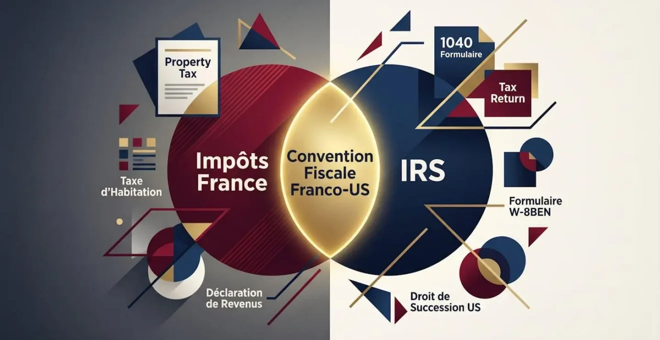 Composition abstraite géométrique montrant deux cercles se chevauchant symbolisant les systèmes fiscaux français et américain avec leur zone d'intersection représentant la convention fiscale