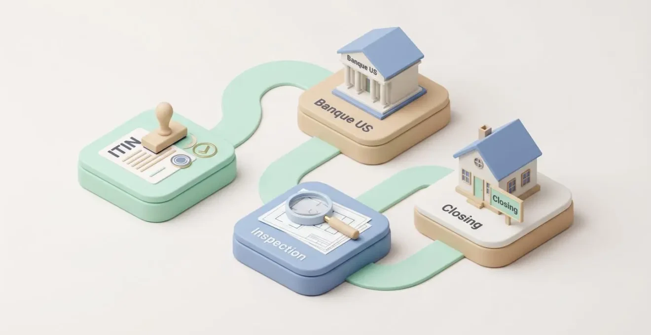 Illustration isométrique 3D d'un parcours en quatre étapes montrant les phases clés de l'acquisition immobilière en Floride : ITIN, banque, inspection et closing
