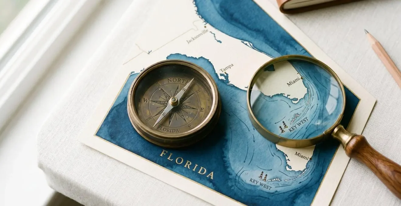 Nature morte photographique montrant une boussole en laiton et une loupe posées sur une carte de Floride, symbolisant la navigation prudente et l'inspection détaillée nécessaires à l'achat immobilier
