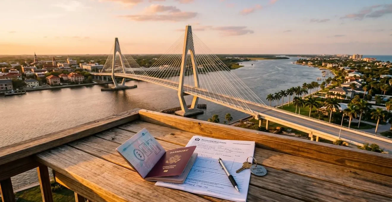 Vue aérienne d'un pont architectural moderne reliant deux territoires à l'heure dorée, avec documents administratifs au premier plan symbolisant le parcours d'achat immobilier international vers la Floride