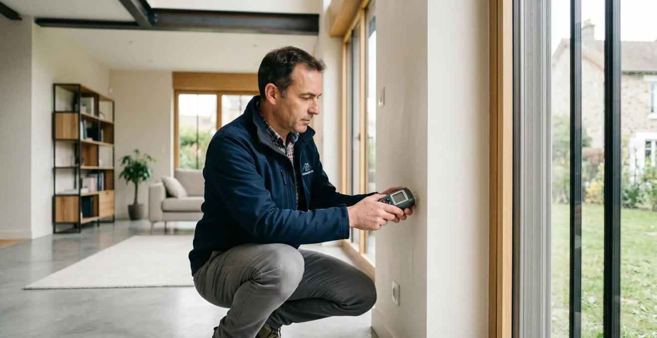 Diagnostiqueur professionnel inspectant un mur intérieur d'une maison contemporaine avec un humidimètre lors d'une visite pré-achat immobilier