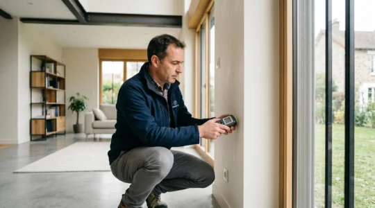 Diagnostiqueur professionnel inspectant un mur intérieur d'une maison contemporaine avec un humidimètre lors d'une visite pré-achat immobilier