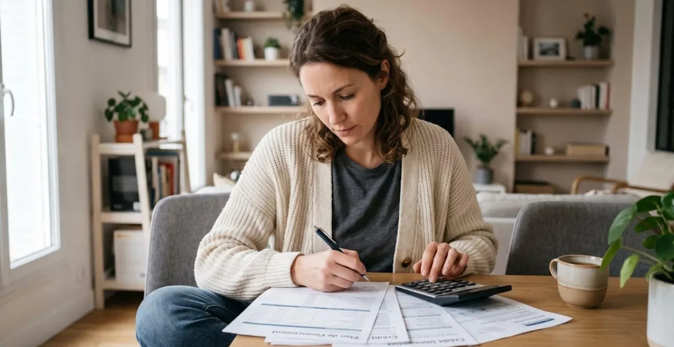 Jeune femme trentenaire calculant son budget d'achat immobilier avec documents de financement et calculatrice à domicile