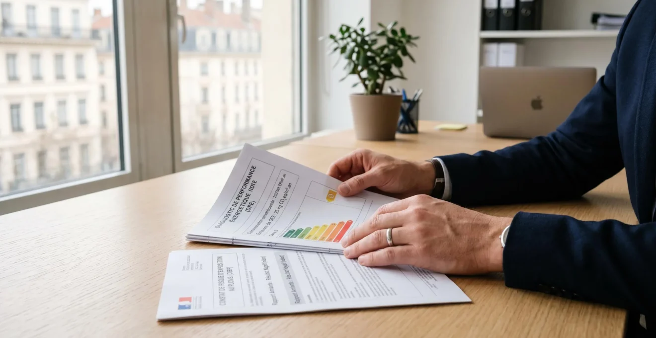 Mains de conseiller et clients consultant ensemble des diagnostics immobiliers obligatoires (DPE, amiante) sur un bureau d'agence