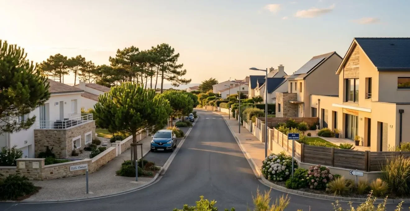 Rue résidentielle calme avec maisons contemporaines et pins maritimes à Saint-Hilaire-de-Riez en Vendée
